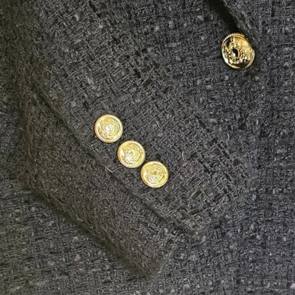 Zara Double Breasted Tweed Black Blazer with Gold Buttons Size Medium